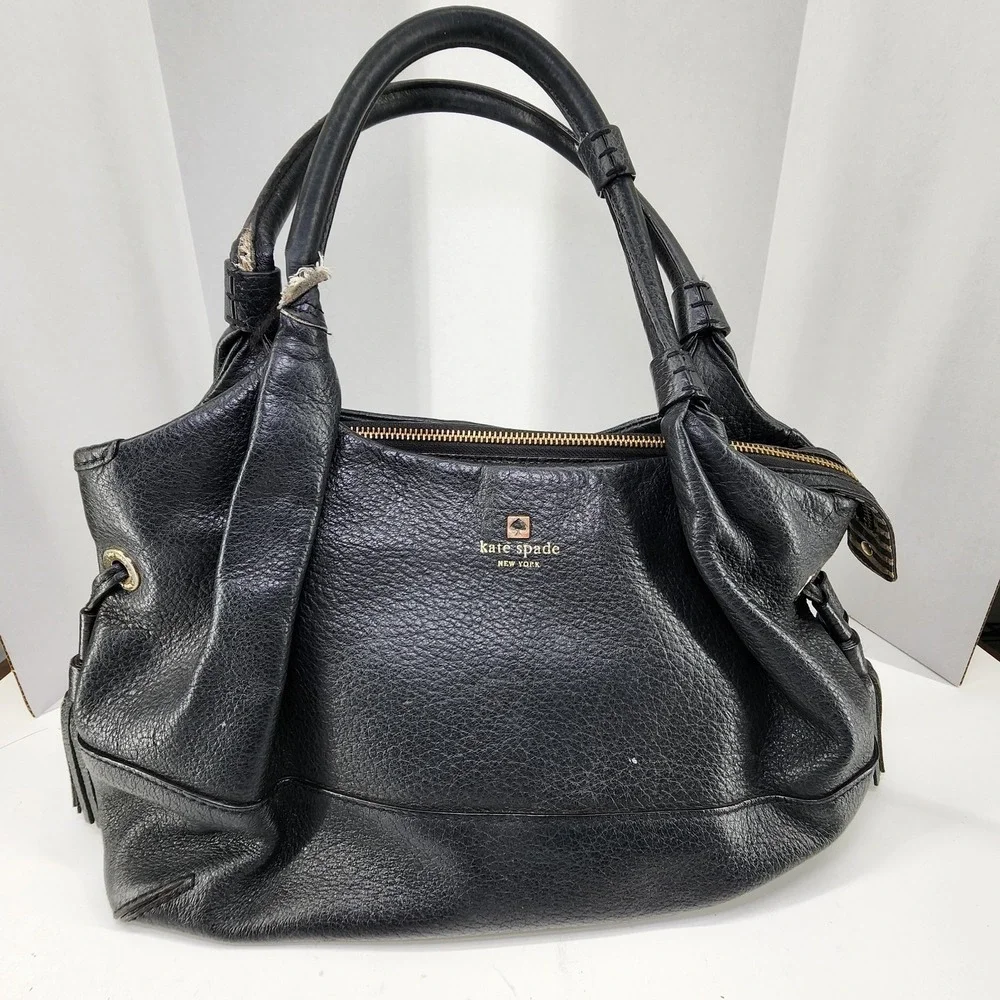 Kate Spade Black Leather Tassel Handbag Purse‎ With Gold Tone Hardware EUC